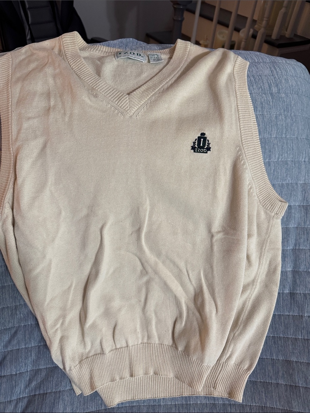 Izod Cream V-Neck Sweater Vest with Navy Crest
